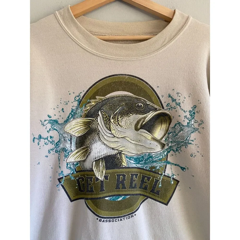 VTG 90s Get Reel Bassociaition Bass Fishing Crewneck Sweatshirt Pullover Large
